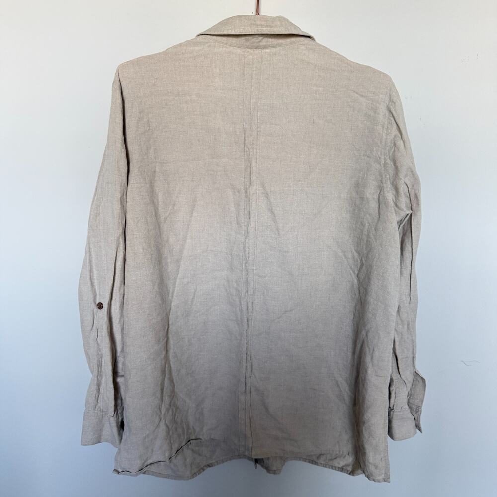 Kate Hill 100% Linen Blouse XL Beige Button Roll Tab Sleeves Old Money Coastal - Picture 7 of 7